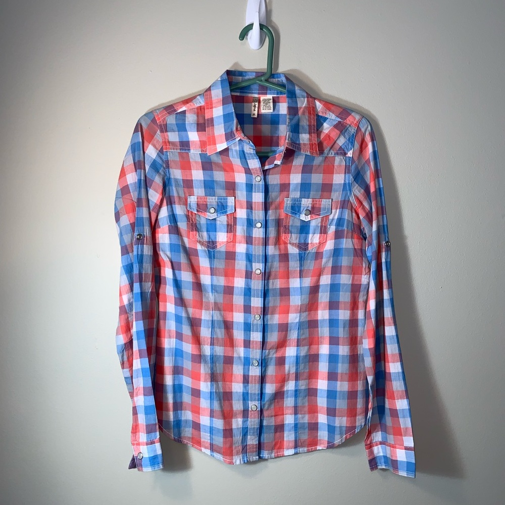 Women’s Blue/Red Long Sleeve Button Down Shirt - Medium